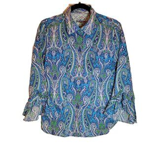 Robert Graham Women's Green and Blue Paisley Print Button Up Ruffle Sleeve Large
